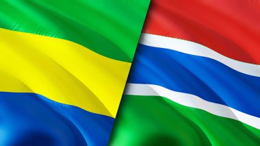 Gabon ve Gambiya bayrakları. 3 boyutlu dalgalanan bayrak tasarımı. Gabon Gambia bayrağı, resim, duvar kağıdı. Gabon Gambiya 'ya karşı, görüntü 3 boyutlu. Gabon Gambiya ilişkileri ittifak ve ticaret, seyahat, turizm konsepti