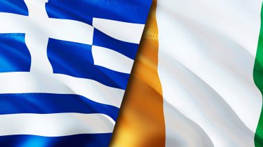 Yunanistan ve Fildişi Sahili bayrakları. 3 boyutlu dalgalanan bayrak tasarımı. Yunanistan Fildişi Sancak, resim, duvar kağıdı. Yunanistan, Cote d 'Ivoire' a karşı, görüntü 3 boyutlu. Yunanistan Fildişi İle İlişkiler İttifakına atıfta bulundu