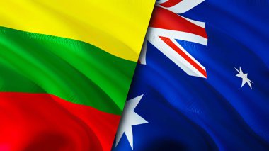 Litvanya ve Avustralya bayrakları. 3 boyutlu dalgalanan bayrak tasarımı. Litvanya Avustralya bayrağı, resim, duvar kağıdı. Litvanya, Avustralya 'ya karşı, görüntü 3 boyutlu. Litvanya Avustralya ittifakı