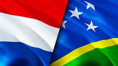 Hollanda ve Solomon Adaları bayrakları. 3 boyutlu dalgalanan bayrak tasarımı. Hollanda Solomon Adaları bayrağı, resim, duvar kağıdı. Hollanda, Solomon Adaları 'na karşı 3 boyutlu görüntü. Hollanda Solomon Adası
