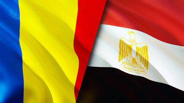 Romanya ve Mısır bayrakları. 3 boyutlu dalgalanan bayrak tasarımı. Romanya bayrağı, resmi, duvar kağıdı. Romanya, Mısır 'a karşı, görüntü 3 boyutlu. Romanya Mısır ilişkileri ittifak ve ticaret, seyahat ve turizm kavramları