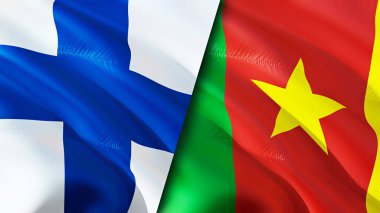 Finlandiya ve Kamerun bayrakları. 3 boyutlu dalgalanan bayrak tasarımı. Finlandiya Kamerun bayrağı, resim, duvar kağıdı. Finlandiya, Kamerun görüntüsüne karşı, 3D görüntüleme. Finlandiya Kamerun ilişkileri ittifak ve ticaret, seyahat, turnuva