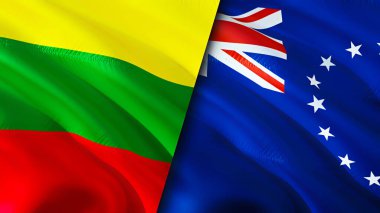 Litvanya ve Cook Adaları bayrakları. 3 boyutlu dalgalanan bayrak tasarımı. Litvanya Cook Adaları bayrağı, resim, duvar kağıdı. Litvanya, Cook Adaları 'na karşı. Görüntü 3 boyutlu. Litvanya Cook Adaları ilişkileri