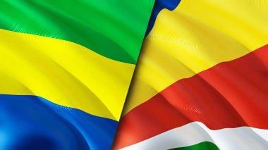 Gabon ve Seyşel bayrakları. 3 boyutlu dalgalanan bayrak tasarımı. Gabon Seyşeller bayrağı, resim, duvar kağıdı. Gabon, Seyşeller 'e karşı. Görüntü 3 boyutlu. Gabon Seyşeller İlişkiler İttifak ve Ticaret, Seyahat, Turnuva