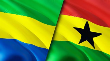 Gabon ve Gana bayrakları. 3 boyutlu dalgalanan bayrak tasarımı. Gabon Gana bayrağı, resim, duvar kağıdı. Gabon, Gana 'ya karşı, görüntü 3 boyutlu. Gabon Gana ilişkileri ittifak ve ticaret, seyahat, turizm konsepti