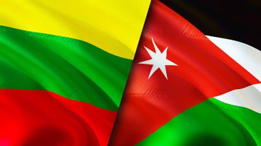 Litvanya ve Ürdün bayrakları. 3 boyutlu dalgalanan bayrak tasarımı. Litvanya Ürdün bayrağı, resim, duvar kağıdı. Litvanya, Jordan imajına karşı, 3 boyutlu canlandırma. Litvanya Ürdün ilişkileri ittifak ve ticaret, seyahat, turnuva