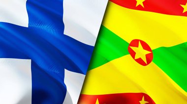 Finlandiya ve Grenada bayrakları. 3 boyutlu dalgalanan bayrak tasarımı. Finlandiya Grenada bayrağı, resim, duvar kağıdı. Finlandiya, Grenada 'ya karşı, görüntü 3D. Finlandiya Grenada ilişkileri ittifak ve ticaret, seyahat, turizm danışmanlığı