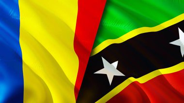 Romanya ve Saint Kitts ve Nevis bayrakları. 3 boyutlu dalgalanan bayrak tasarımı. Romanya Saint Kitts ve Nevis bayrağı, resim, duvar kağıdı. Romanya, Saint Kitts ve Nevis 'e karşı, 3 boyutlu görüntü. Romanya Saint Kitts an
