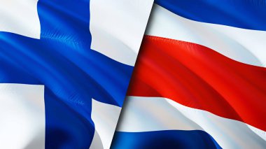 Finlandiya ve Kosta Rika bayrakları. 3 boyutlu dalgalanan bayrak tasarımı. Finlandiya Kosta Rika bayrağı, resim, duvar kağıdı. Finlandiya, Kosta Rika 'ya karşı, görüntü 3 boyutlu. Finlandiya Kosta Rika ilişkileri