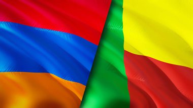 Ermenistan ve Benin bayrakları. 3 boyutlu dalgalanan bayrak tasarımı. Ermenistan Benin bayrağı, resim, duvar kağıdı. Ermenistan, Benin imajına karşı, 3 boyutlu tasvir. Ermenistan Benin ilişkileri ittifak ve ticaret, seyahat, turizm konsepti