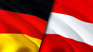 Almanya ve Avusturya bayrakları. 3 boyutlu dalgalanan bayrak tasarımı. Almanya Avusturya bayrağı, resim, duvar kağıdı. Almanya Avusturya 'ya karşı, görüntü 3 boyutlu. Almanya Avusturya ile ilişkiler ittifak ve ticaret, seyahat ve turizm kavramları