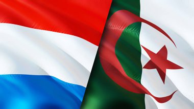 Lüksemburg ve Cezayir bayrakları. 3 boyutlu dalgalanan bayrak tasarımı. Lüksemburg Cezayir bayrağı, resim, duvar kağıdı. Lüksemburg, Cezayir 'e karşı, görüntü 3D. Lüksemburg Cezayir ilişkileri ittifakı
