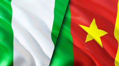 Nijerya ve Kamerun bayrakları. 3 boyutlu dalgalanan bayrak tasarımı. Nijerya Kamerun bayrağı, resim, duvar kağıdı. Nijerya, Kamerun görüntüsüne karşı, 3 boyutlu görüntüleme. Nijerya Kamerun ilişkileri ittifak ve ticaret, seyahat, turnuva