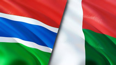 Gambiya ve Madagaskar bayrakları. 3 boyutlu dalgalanan bayrak tasarımı. Gambiya Madagaskar bayrağı, resim, duvar kağıdı. Gambiya Madagaskar 'a karşı, görüntü 3 boyutlu. Gambiya Madagaskar ilişkileri ittifak ve ticaret, seyahat, turnuva