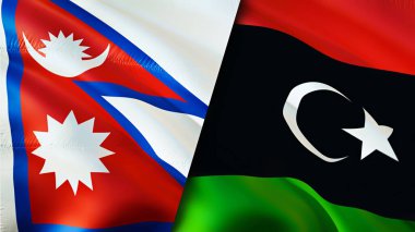 Nepal ve Libya bayrakları. 3 boyutlu dalgalanan bayrak tasarımı. Nepal Libya bayrağı, resim, duvar kağıdı. Nepal, Libya 'ya karşı, görüntü 3D. Nepal Libya ilişkileri ittifak ve ticaret, seyahat, turizm konsepti