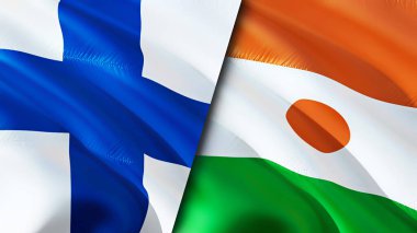 Finlandiya ve Nijer bayrakları. 3 boyutlu dalgalanan bayrak tasarımı. Finlandiya Nijer bayrağı, resim, duvar kağıdı. Finlandiya, Nijer imajına karşı, 3D görüntüleme. Finlandiya Nijer ilişkileri ittifak ve ticaret, seyahat, turizm danışmanlığı