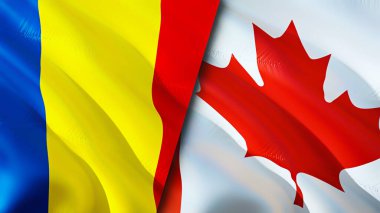 Romanya ve Kanada bayrakları. 3 boyutlu dalgalanan bayrak tasarımı. Romanya Kanada bayrağı, resim, duvar kağıdı. Romanya, Kanada 'ya karşı imaj, 3D görüntüleme. Romanya Kanada ilişkileri ittifak ve Ticaret, seyahat ve turizm consepsi