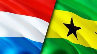 Lüksemburg, Sao Tome ve Principe bayrakları. 3 boyutlu dalgalanan bayrak tasarımı. Lüksemburg Sao Tome ve Principe bayrağı, resim, duvar kağıdı. Lüksemburg, Sao Tome ve Principe 'ye karşı. Görüntü 3 boyutlu. Lüksemburg Sa