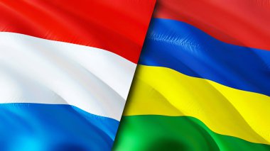 Lüksemburg ve Mauritius bayrakları. 3 boyutlu dalgalanan bayrak tasarımı. Lüksemburg Mauritius bayrağı, resim, duvar kağıdı. Lüksemburg, Mauritius 'a karşı. Görüntü 3 boyutlu. Lüksemburg Mauritius ilişkileri ittifakı