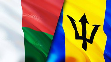 Madagaskar ve Barbados bayrakları. 3 boyutlu dalgalanan bayrak tasarımı. Madagaskar Barbados bayrağı, resim, duvar kağıdı. Madagaskar, Barbados 'a karşı, görüntü 3 boyutlu. Madagaskar Barbados İlişkiler Birliği