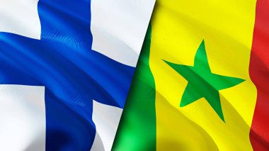 Finlandiya ve Senegal bayrakları. 3 boyutlu dalgalanan bayrak tasarımı. Finlandiya Senegal bayrağı, resim, duvar kağıdı. Finlandiya, Senegal imajına karşı, 3D görüntüleme. Finlandiya Senegal ilişkileri ittifak ve ticaret, seyahat, turizm danışmanlığı