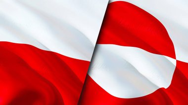 Polonya ve Grönland bayrakları. 3 boyutlu dalgalanan bayrak tasarımı. Polonya Grönland bayrağı, resim, duvar kağıdı. Polonya Grönland 'a karşı, görüntü 3 boyutlu. Polonya Grönland ilişkileri ittifak ve ticaret, seyahat, turnuva