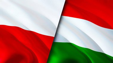 Polonya ve Macaristan bayrakları. 3 boyutlu dalgalanan bayrak tasarımı. Polonya Macaristan bayrağı, resim, duvar kağıdı. Polonya, Macaristan 'a karşı, görüntü 3D. Polonya Macaristan ilişkileri ittifak ve ticaret, seyahat ve turizm danışmanlık