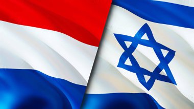 Hollanda ve İsrail bayrakları. 3 boyutlu dalgalanan bayrak tasarımı. Hollanda İsrail bayrağı, resmi, duvar kağıdı. Hollanda, İsrail 'in 3D görüntüsüne karşı. Hollanda İsrail ilişkileri bir ittifak