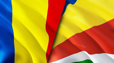 Romanya ve Seyşeller bayrakları. 3 boyutlu dalgalanan bayrak tasarımı. Romanya Seyşeller bayrağı, resim, duvar kağıdı. Romanya, Seyşeller 'in 3D görüntüsüne karşı. Romanya Seyşeller 'in ilişkileri bir ittifak