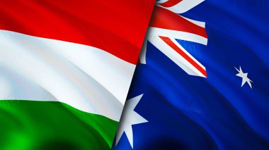 Macaristan ve Avustralya bayrakları. 3 boyutlu dalgalanan bayrak tasarımı. Macaristan bayrağı, resim, duvar kağıdı. Macaristan Avustralya 'ya karşı, görüntü 3D. Macaristan Avustralya ilişkileri ittifak ve ticaret, seyahat, turnuva