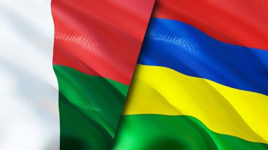 Madagaskar ve Mauritius bayrakları. 3 boyutlu dalgalanan bayrak tasarımı. Madagaskar Mauritius bayrağı, resim, duvar kağıdı. Madagaskar, Mauritius 'a karşı, görüntü 3 boyutlu. Madagaskar Mauritius İlişkiler Birliği