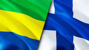 Gabon ve Finlandiya bayrakları. 3 boyutlu dalgalanan bayrak tasarımı. Gabon Finlandiya bayrağı, resim, duvar kağıdı. Gabon vs Finland imajı, 3D görüntüleme. Gabon Finlandiya ilişkileri ittifak ve ticaret, seyahat, turizm danışmanlığı