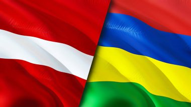 Letonya ve Mauritius bayrakları. 3 boyutlu dalgalanan bayrak tasarımı. Letonya Mauritius bayrağı, resim, duvar kağıdı. Letonya vs Mauritius imajı, 3 boyutlu canlandırma. Letonya Mauritius ilişkileri ittifak ve ticaret, seyahat, turnuva
