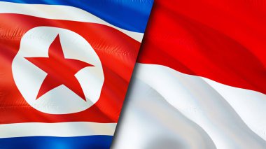 Kuzey Kore ve Monako bayrakları. 3 boyutlu dalgalanan bayrak tasarımı. Kuzey Kore Monako bayrağı, resim, duvar kağıdı. Kuzey Kore, Monako 'ya karşı, görüntü 3D. Kuzey Kore Monako ilişkileri