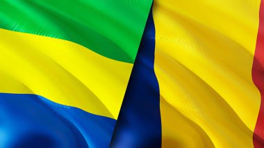 Gabon ve Chad bayrakları. 3 boyutlu dalgalanan bayrak tasarımı. Gabon Chad bayrağı, resim, duvar kağıdı. Gabon, Chad 'e karşı. Görüntü 3 boyutlu. Gabon Çad ilişkileri ittifak ve ticaret, seyahat, turizm konsepti