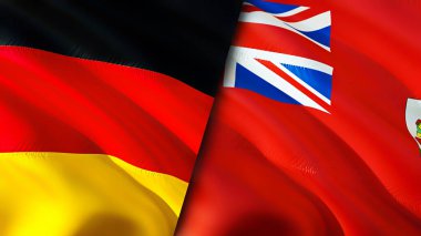 Almanya ve Bermuda bayrakları. 3 boyutlu dalgalanan bayrak tasarımı. Almanya Bermuda bayrağı, resim, duvar kağıdı. Almanya, Bermuda 'ya karşı, görüntü 3 boyutlu. Almanya Bermuda ilişkileri ittifak ve ticaret, seyahat, turizm konsepti