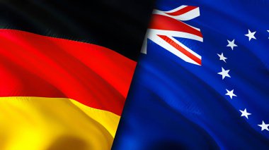 Almanya ve Cook Adaları bayrakları. 3 boyutlu dalgalanan bayrak tasarımı. Almanya Cook Adaları bayrağı, resim, duvar kağıdı. Almanya, Cook Adaları 'na karşı. Görüntü 3D. Almanya Adalar Arası İlişkiler Birliği
