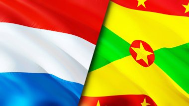 Lüksemburg ve Grenada bayrakları. 3 boyutlu dalgalanan bayrak tasarımı. Lüksemburg Grenada bayrağı, resim, duvar kağıdı. Lüksemburg, Grenada 'ya karşı, görüntü 3 boyutlu. Lüksemburg Grenada ilişkileri ittifakı