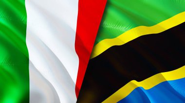 İtalya ve Tanzanya bayrakları. 3 boyutlu dalgalanan bayrak tasarımı. İtalya Tanzanya bayrağı, resim, duvar kağıdı. İtalya, Tanzanya 'ya karşı, görüntü 3 boyutlu. İtalya Tanzanya ilişkileri ittifak ve ticaret, seyahat, turizm konsepti