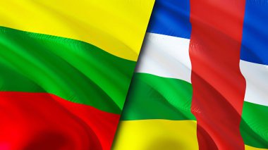 Litvanya ve Orta Afrika Cumhuriyeti bayrakları. 3 boyutlu dalgalanan bayrak tasarımı. Litvanya Orta Afrika Cumhuriyeti bayrağı, resim, duvar kağıdı. Litvanya, Orta Afrika Cumhuriyeti imajına karşı, 3 boyutlu canlandırma. Litvanca