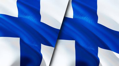Finlandiya ve Finlandiya bayrakları. 3 boyutlu dalgalanan bayrak tasarımı. Finlandiya bayrağı, resim, duvar kağıdı. Finlandiya 'ya karşı imaj, 3D görüntüleme. Finlandiya 'da ittifak ve ticaret, seyahat ve turizm konuları