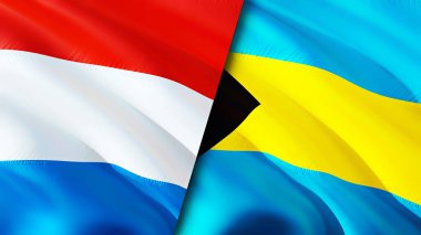 Lüksemburg ve Bahamalar bayrakları. 3 boyutlu dalgalanan bayrak tasarımı. Lüksemburg Bahamalar bayrağı, resim, duvar kağıdı. Lüksemburg, Bahamalar 'a karşı, görüntü 3 boyutlu. Lüksemburg Bahamalar İlişkiler Birliği