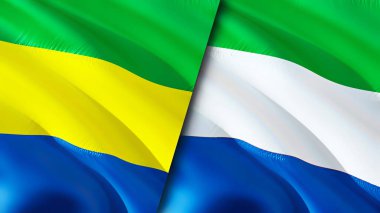 Gabon ve Sierra Leone bayrakları. 3 boyutlu dalgalanan bayrak tasarımı. Gabon Sierra Leone bayrağı, resim, duvar kağıdı. Gabon, Sierra Leone 'ye karşı, görüntü 3 boyutlu. Gabon Sierra Leone İlişkiler Birliği