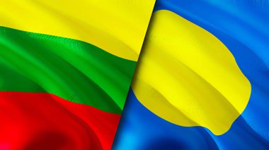 Litvanya ve Palau bayrakları. 3 boyutlu dalgalanan bayrak tasarımı. Litvanya Palau bayrağı, resim, duvar kağıdı. Litvanya, Palau 'ya karşı, görüntü 3 boyutlu. Litvanya Palau ilişkileri ittifak ve ticaret, seyahat, turizm konsepti