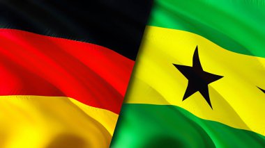 Almanya ve Sao Tome ve Principe bayrakları. 3 boyutlu dalgalanan bayrak tasarımı. Almanya Sao Tome ve Principe bayrağı, resim, duvar kağıdı. Almanya, Sao Tome ve Principe 'ye karşı 3 boyutlu görüntü. Almanya Sao Tome ve