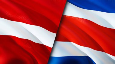 Letonya ve Kosta Rika bayrakları. 3 boyutlu dalgalanan bayrak tasarımı. Letonya Kosta Rika bayrağı, resim, duvar kağıdı. Letonya, Kosta Rika 'ya karşı, görüntü 3 boyutlu. Letonya Kosta Rika ilişkileri ittifak ve ticaret, seyahat, turnuva