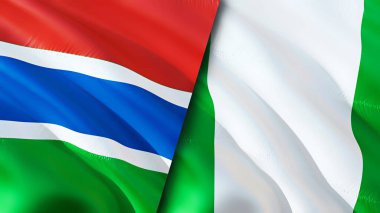 Gambiya ve Nijerya bayrakları. 3 boyutlu dalgalanan bayrak tasarımı. Gambiya Nijerya bayrağı, resim, duvar kağıdı. Gambiya, Nijerya 'ya karşı, görüntü 3 boyutlu. Gambiya Nijerya ilişkileri ittifak ve ticaret, seyahat, turizm konsepti