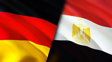 Almanya ve Mısır bayrakları. 3 boyutlu dalgalanan bayrak tasarımı. Almanya bayrağı, resim, duvar kağıdı. Almanya, Mısır 'a karşı, görüntü 3 boyutlu. Almanya Mısır ilişkileri ittifak ve ticaret, seyahat, turizm konsepti