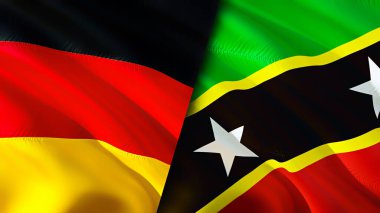 Almanya, Saint Kitts ve Nevis bayrakları. 3 boyutlu dalgalanan bayrak tasarımı. Almanya Saint Kitts ve Nevis bayrağı, resim, duvar kağıdı. Almanya, Saint Kitts ve Nevis 'e karşı, görüntü 3 boyutlu. Almanya Saint Kitts an