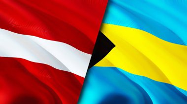 Letonya ve Bahamalar bayrakları. 3 boyutlu dalgalanan bayrak tasarımı. Letonya Bahama bayrağı, resim, duvar kağıdı. Letonya, Bahamalar 'a karşı, görüntü 3 boyutlu. Letonya Bahamalar ilişkileri ittifak ve ticaret, seyahat, turizm konsepti